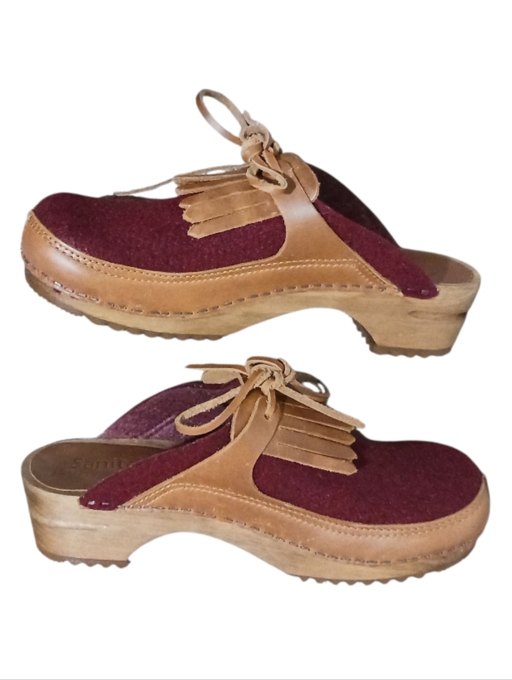 Sanita Karina Wool Felt Leather Wood Danish Clog Wine Red Sundance - Picture 4 of 14